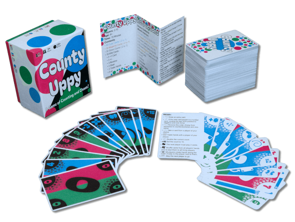 Spread of County Uppy, featuring the box, rules, and cards.